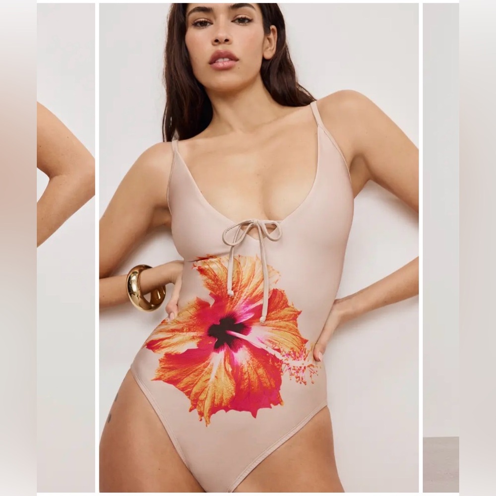 Good American Nude One-Piece Swimsuit with Pink and Orange Floral Print